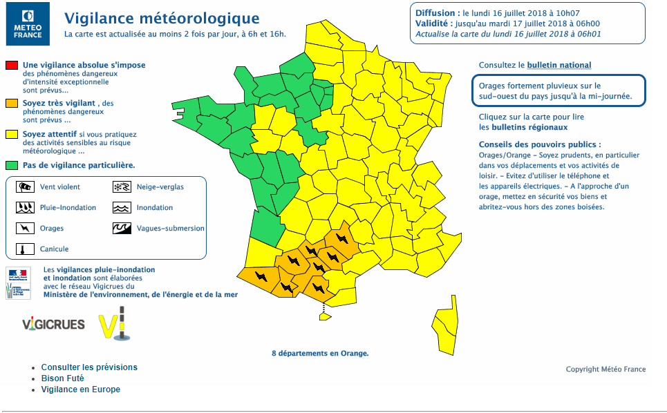Le 16.07.2018 a 10h27: Violent orages sur le Sud de la France  actuellement en cours. 8 départements en alerte orange pour risque d orages violent.